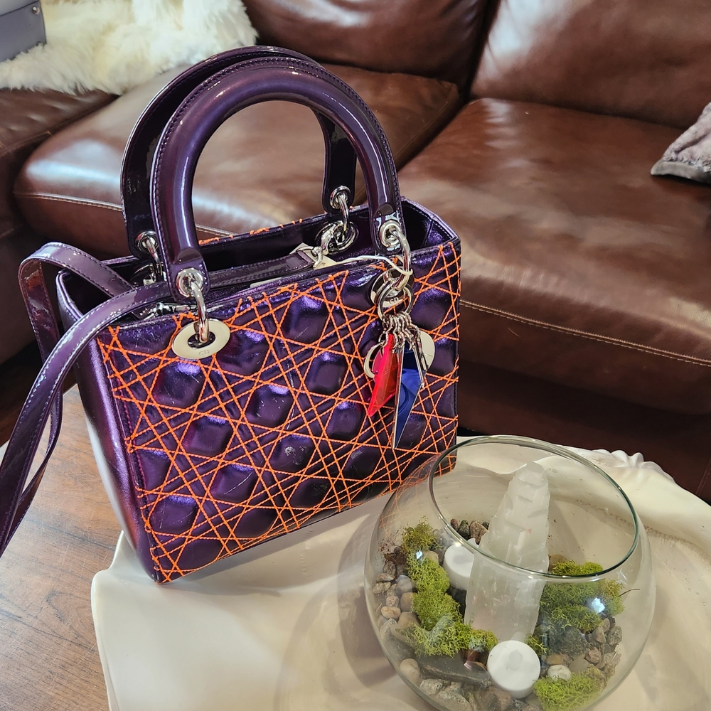 Authentic Dior Lady  Purple and Orange Satchel with Gold Hardware